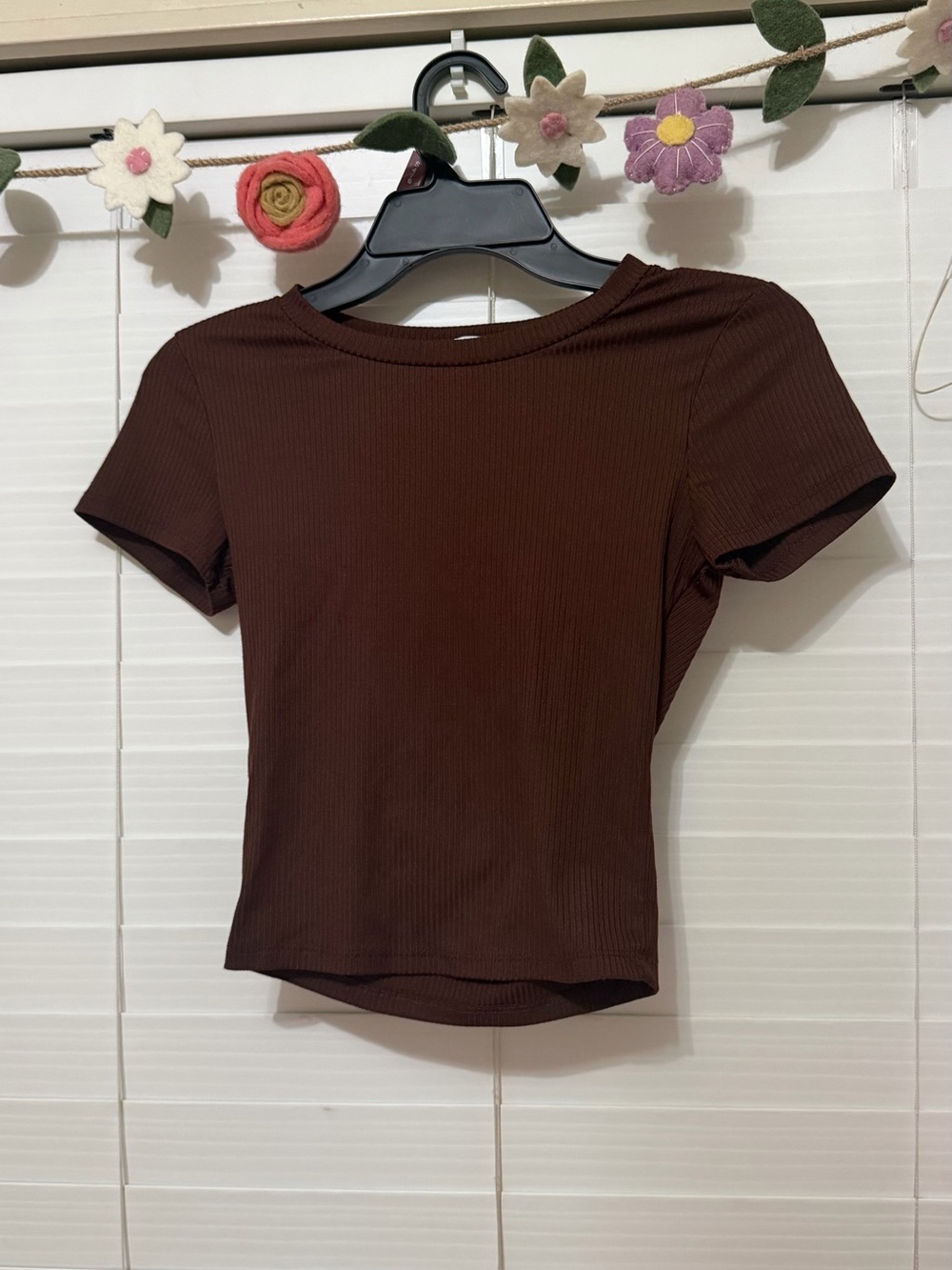 Brown Ribbed Short Sleeve Women's Top